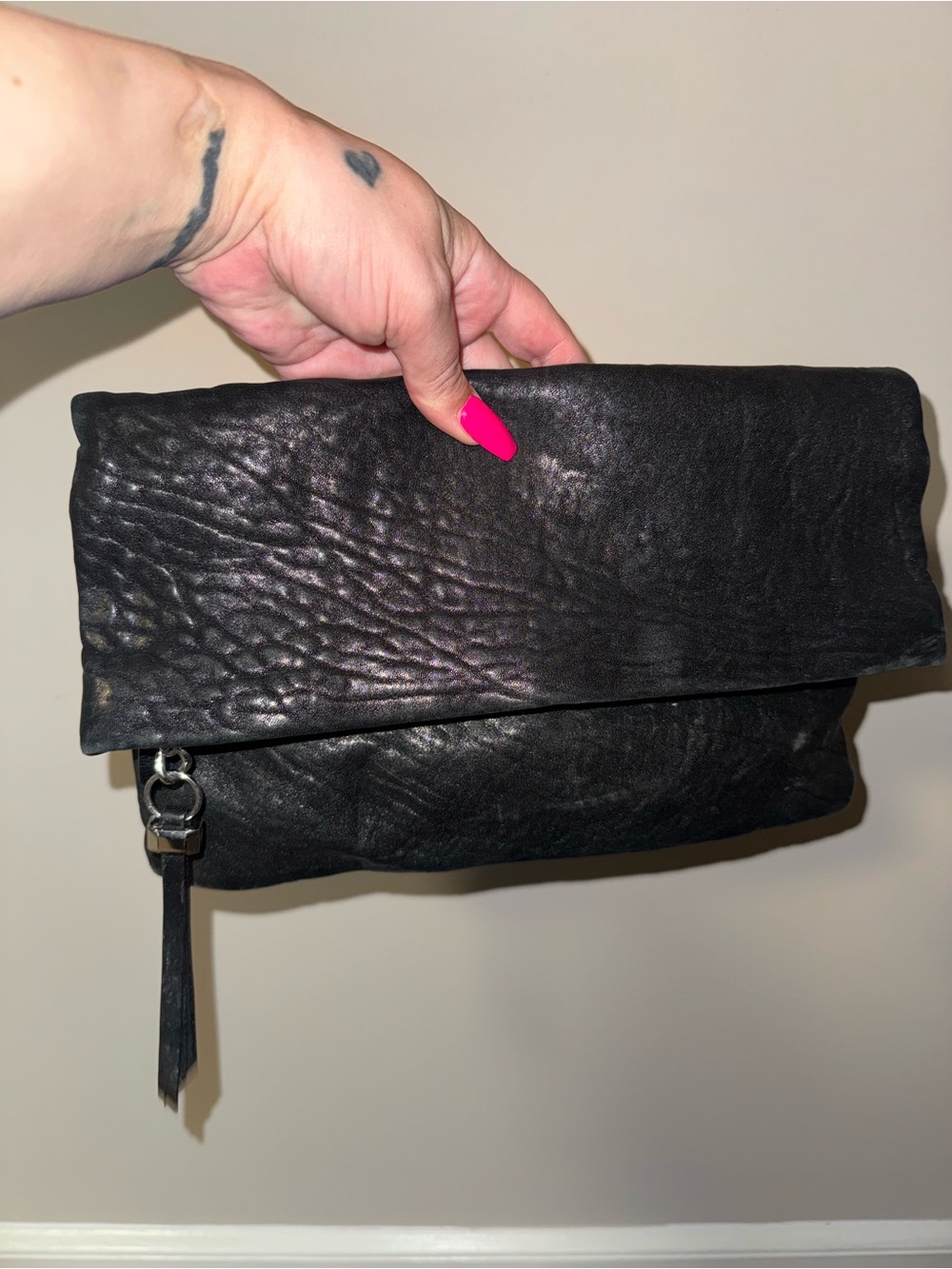 Stella & Dot Y2K Waverly Black Fold-Over Leather Clutch